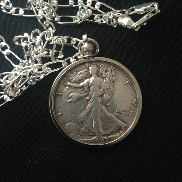 1947Silver Half Dollar Coin, 18in 925 Chain - Picture 1 of 8